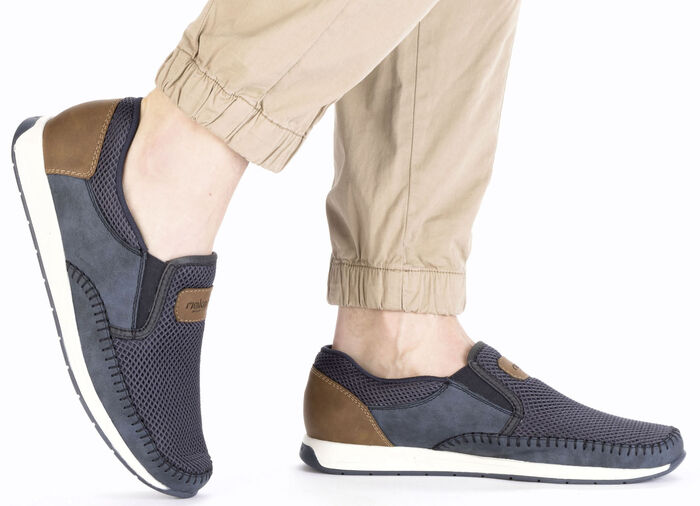 Rieker, sommerliche Herren-Slipper, mit Gummizug BLAU-BRAUN